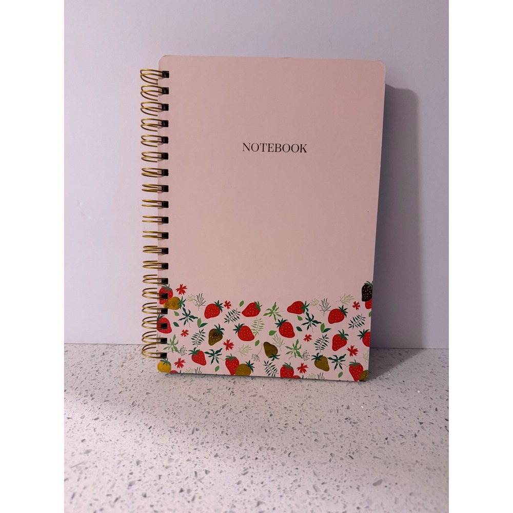 Strawberry Print Spiral Notebook Pink Gold Lined 120 Sheets 7x10 Journal